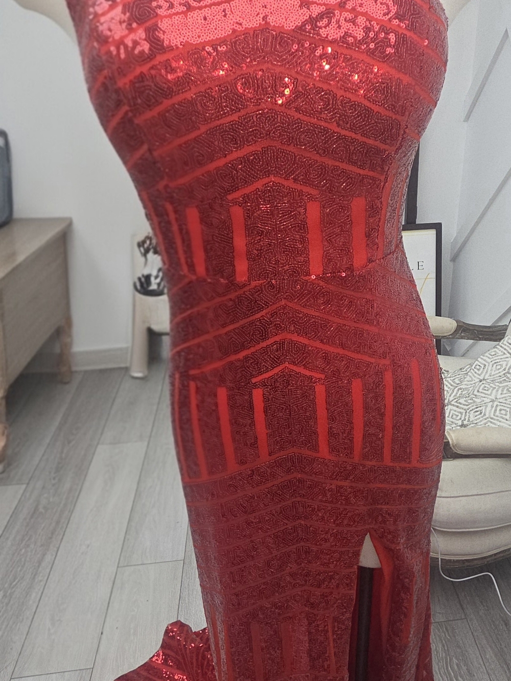Red Sequin Strapless Evening Dress